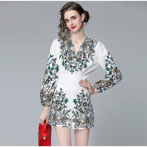 Summer Suits Runway Design Vintage Printed Pattern Lantern Sleeve Short Shirt + High Waist Mini Shorts Ladies Fashion Two Piece