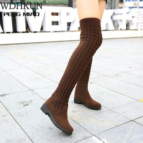 Womens Boots 2021 Autumn Winter Thigh High Boots for Woman Shoes Knitting Wool Long Boot Women Brown/Black Boot Ladies Shoes