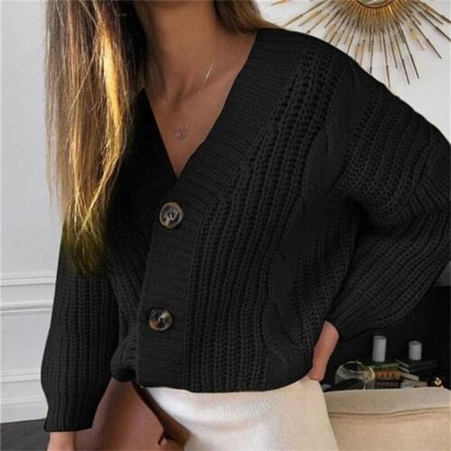 Women Sexy V Neck Knitted Short Sweater Long Sleeve Solid Button Elegant Sweater Coat 2020 Winter Office Lady Cardigan Sweater