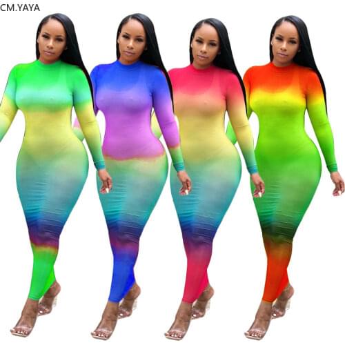 2019 women rainbow print o-neck full sleeve bodycon long maxi dress sexy gradient perspectivenight club party dresses GLK9506