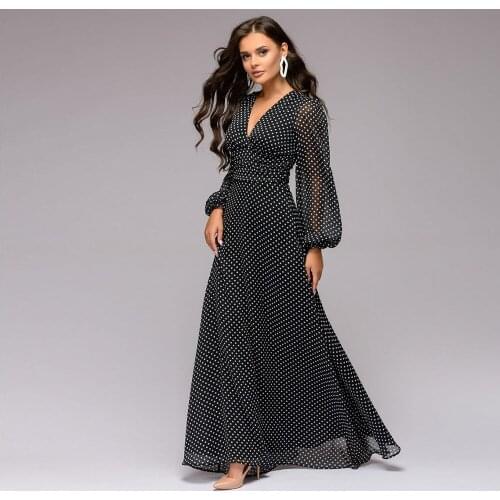2020 European and American womens long dress summer dot print evening dress Sexy Long Sleeve Chiffon retro dress