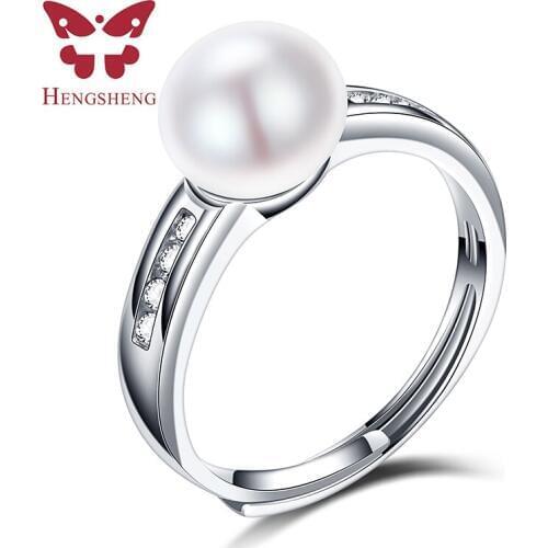 HENGSHENG Trendy Noble White Natural pearl free size ring for women gift with 100% Bridal 925 Sterling Silver Jewelry 8-9mm