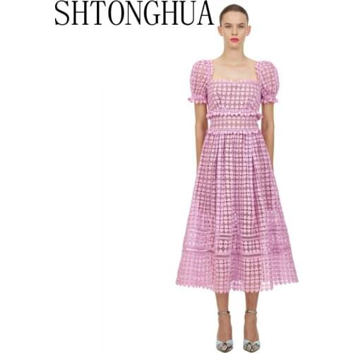New runway designer summer dress 2020 women sexy short sleeve pink hollow out lace long party dress