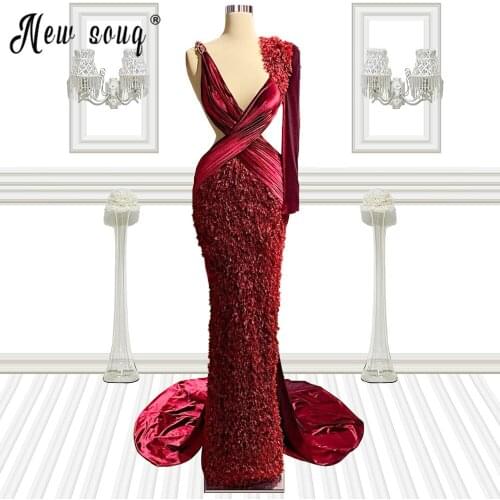 Sexy Deep V Neck One Sleeve Celebrity Dresses with Mermaid Evening Gown 2021 Women NEW Robe With Tail Vestido De Novia
