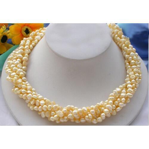 Women Jewelry 6x7mm pearl 5 rows necklace Light yellow pearl baroque flat pearl handmade real natural freshwater pearl gift