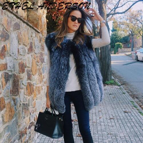 Women Real Fur Vest Natural Silver Fluffy Fox Fur Slim Vests 75CM Lady Genuine Leather Fur Gielts Jacket with Invisible Pockets