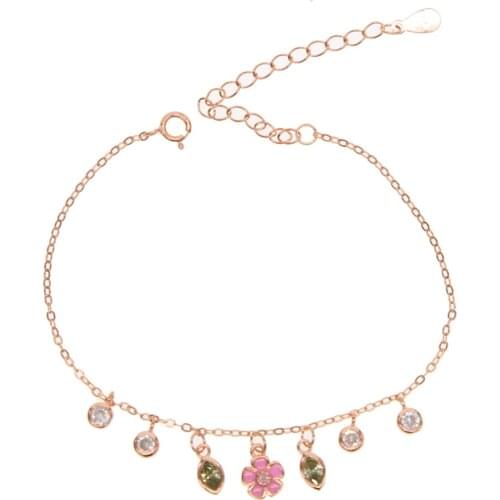 2021 New 100% 925 Sterling Silver CZ Tear Drop Pink Flowe Charm Bracelet Cute Leaf Flowers Bracelet Women Jewelry