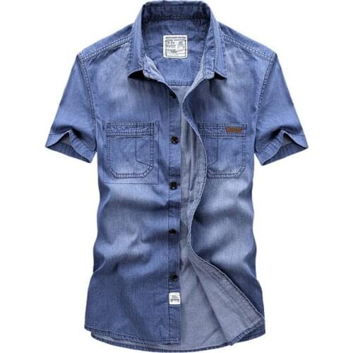 2021 Men Spring Summer Denim Thin Shirt Short Sleeve Soft Cotton Two Pockets Slim Slight Elastic Jeans Cowboy Shirt Clothing 4XL