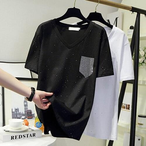 2021 Summer New V-neck Short Sleeve T-shirt Inlaid With Diamond Short Sleeve T-shirt Shows Thin Top Womens Fashion