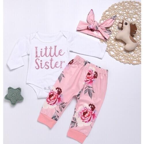 Infant Baby Girl Clothes Little Sister Bodysuits+Floral Leggings Pants+Bow Headband 3PCS Newborn Girls Clothing Sets