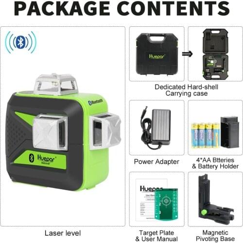 Huepar 3x360 Green Beam 3D Laser Level with Bluetooth Connectivity Cross Lines Three-Plane Self-Leveling Tools & Hard Carry Case