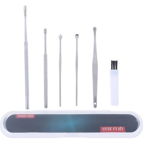 6PCS/Set Stainless Steel Spiral Portable Earpick Spoon Ear Wax Remover Cleaner Ear Care Beauty Tool Kit With Case