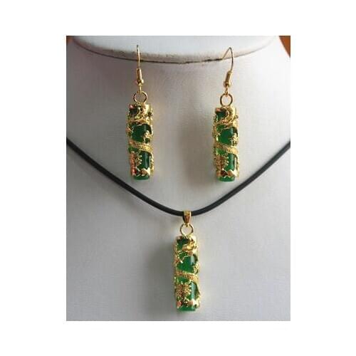 Free Shipping unique 18kgp dragon inlay green cylinder natural stone pendant & earrings sets