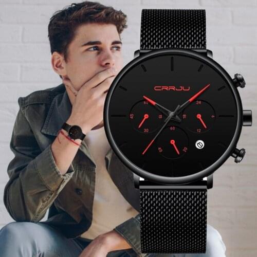 Relogio Masculino CRRJU Mens Business Dress Watches Luxury Casual Waterproof Sport Watch Men 3-Sub Dial Quartz Slim Mesh Watch