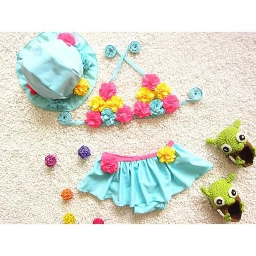 Hawaii Style Baby Kids Girls Bikini Three Pieces Swimming Split Top + Skirt + Hat Swimwear Summer Beach Flowers Swimsuit SA4007