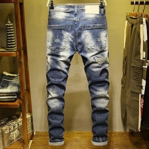 Personality Winter Mens Embroidery Hole Ripped Denim Pants Fashion Casual Slim Fit Stretch Full Length Cowboy Jogger Trousers