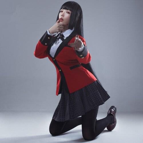 Hot Anime Kakegurui Yumeko Jabami Cosplay Costumes Japanese School Girls Uniform Full Set jacket+shirt+skirt+stockings+tie+Wig