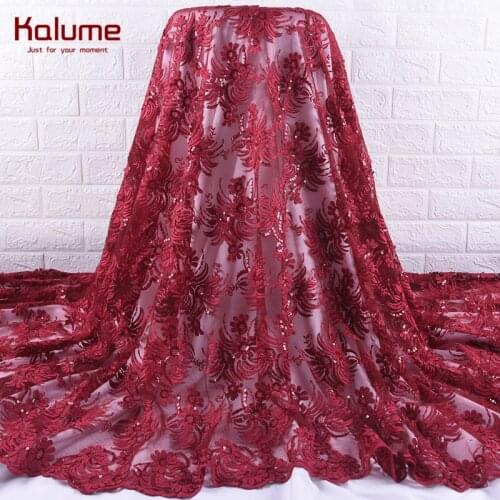 Kalume African Milk Silk Lace Fabric Red French 3D Mesh Lace Fabric Sequins Nigerian Tulle Lace Fabrics For Party Wedding 1902