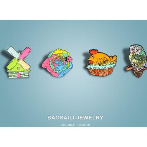 Cartoon Fat Rooster Pins Metal For Backpack,Owl Bag Badge Flower Bug Windmill Rainbow Can Trend Creative Alloy Brooch