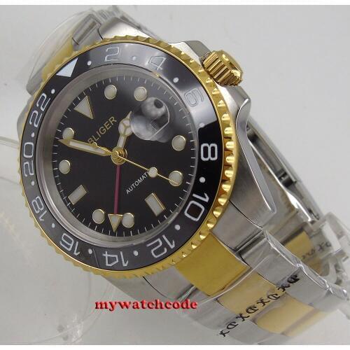 40mm bliger black dial sapphire glass golden plated case GMT automatic men watch