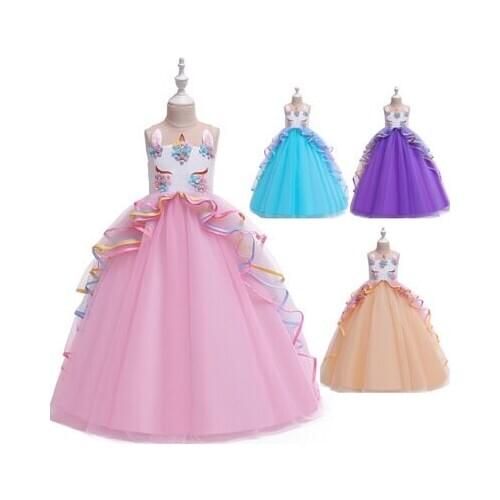 New European and American Unicorn 6-11 years old girls evening dress long performance costume children princess dress