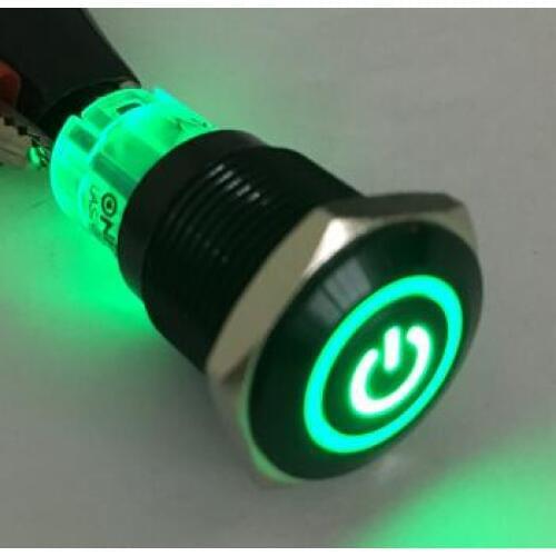 ONPOW 16mm black momentary illuminated power symbol pushbutton switch anti-vandal RoHS LAS2GQF-11ET/G/12V/A