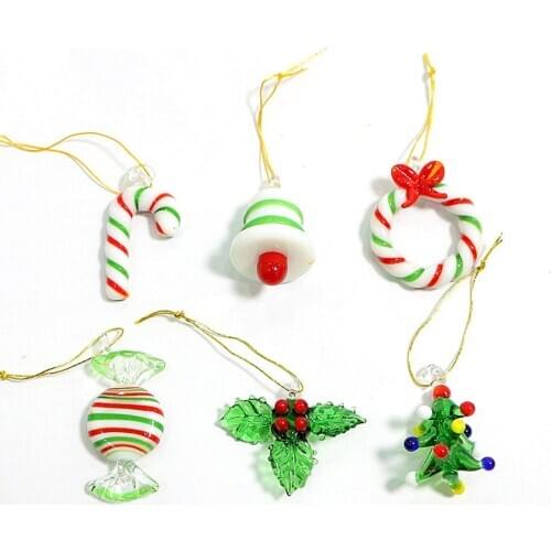 Hanging Handmade Glass Xmas Craft Ornaments Cute Candy Cane, Bell, Lucky Leaf Mini Art Pendant Christmas Tree Decor Accessories