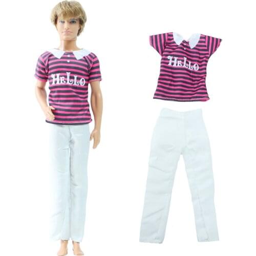 Handmade Casual Outfits Striped Pattern T-Shirt Tops White Trousers Daily Basic Clothes for Barbie Doll Ken Accessories