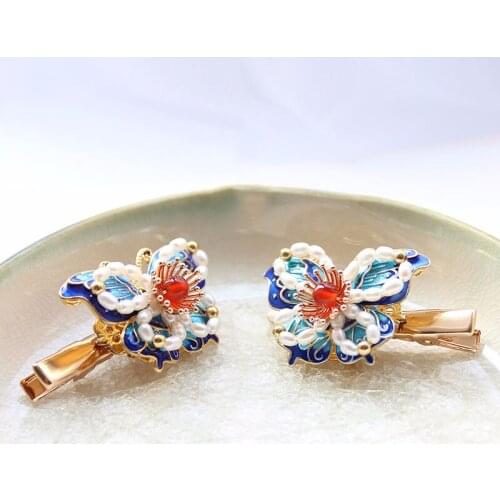 Freshwater Pearl Butterfly Hair Pins Cloisonne Hair Clip Vintage Wedding Hair Accessories Handmade Headpiece Hairpin