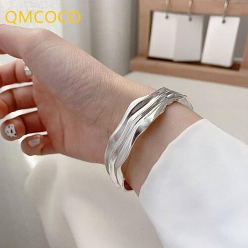 QMCOCO Simple 925 Siver Geometric Irregularity Wide Bracelet For Woman Man INS Fashion Vintage Punk Party Jewelry Accessories