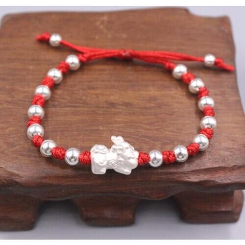 S925 Sterling Silver Bracelet Luck Pixiu Baby with 5mmW Silver Beads with Red Cord Weave Bracelet 6.3inches