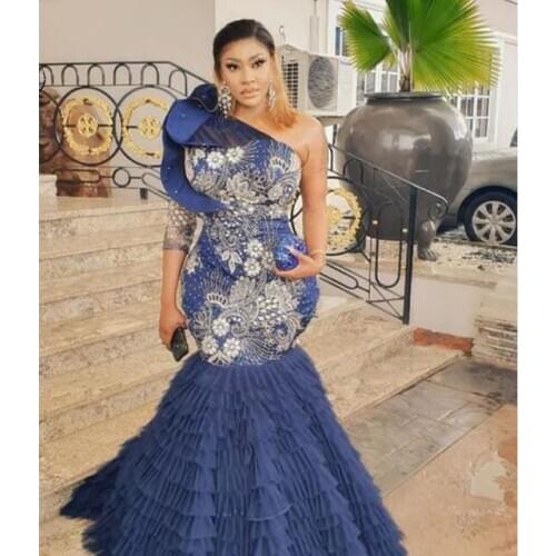 Blue South African Evening Dresses Mermaid 3/4 Sleeves Tulle Appiques Beaded Nigeria Saudi Arabic Evening Gown Prom Dress