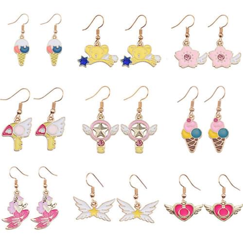 Anime Cartoon Sakura Heart Earrings Creative Girls Wings Pentagram Ice Cream Pendant Earrings Ear Hook Cute Ladies Jewelry Gifts
