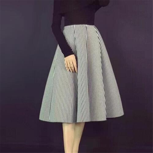 Spring Autumn Space Cotton Skirt Women Elastic High Waist Striped Skirt Pleated Skirts Female Long Big Swing Umbrella Skirt A742