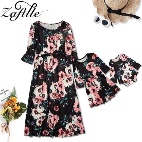 ZAFILLE Mommy and me Clothes Black Floral Dress For Mom and Daughter Matching Clothes 0-9Y Family Kits Mother Daughter Dresses