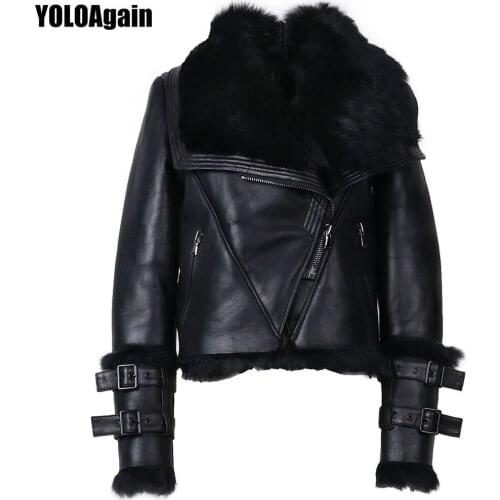 YOLOAgain Women Turn Down Collar Black Lambskin Genuine Leather Shearling Jacket