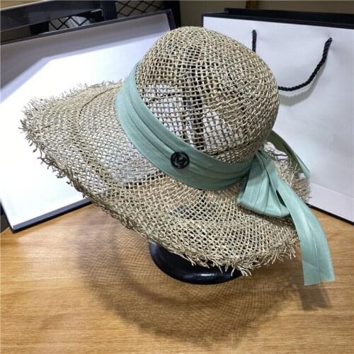 202102-2508741 new summer Hand woven salty grass green ribbon big brim beach holiday lady sun cap women leisure hat