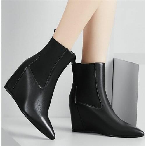 Women Cow Leather Wedges Ankle Boots Pointed Toe High Heel Pumps Shoes Winter Platform Oxfords Shoes Lady Wedding Party Shoes