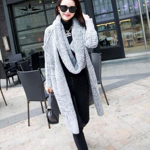 Leiouna Fashion Winter Wear Bib Shawl Big Lapel Medium Length Slim Women Sweater Warm Thick Cardigan Coat