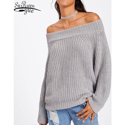 European and American Winter Sexy Womens Knitwear Pullover New Solid Color Horizontal Neck Long Sleeve Womens Sweater 11627
