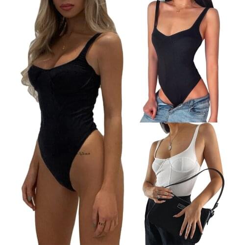 Women Summer Suspender Bodysuit Solid U-neck Backless High Waist Tight Jumpsuit Female Sexy Playsuit Rompers Black/White