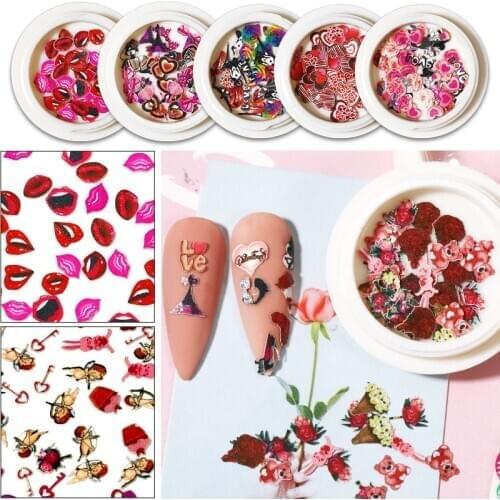 12colors Valentines Day Rose Flower Mixed Nail DIY Accessory Wood Pulp Pieces Nail Decoration Rose Nails Kiss Lipsticks