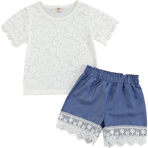 2Pcs Kids Summer Outfit, Girls Lace O-Neck Short Sleeves T-Shirt + Stitching Elastic Waist Denim Shorts, 2-7 Years