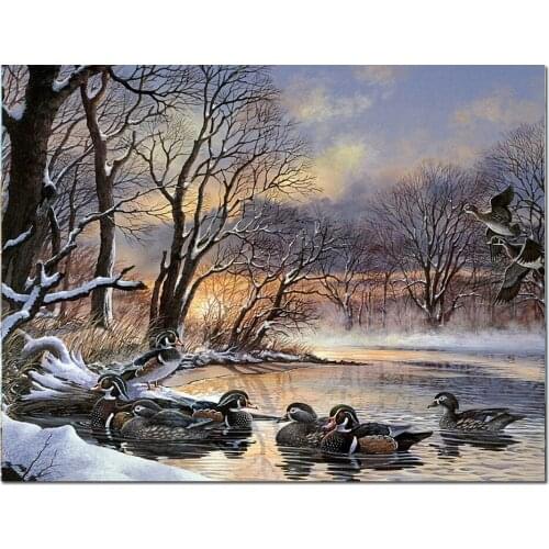 Full Square Round 5D DIY A flock of ducks diamond painting by numbers Diamond Embroidery Cross Stitch Mosaic snow landscape Gift
