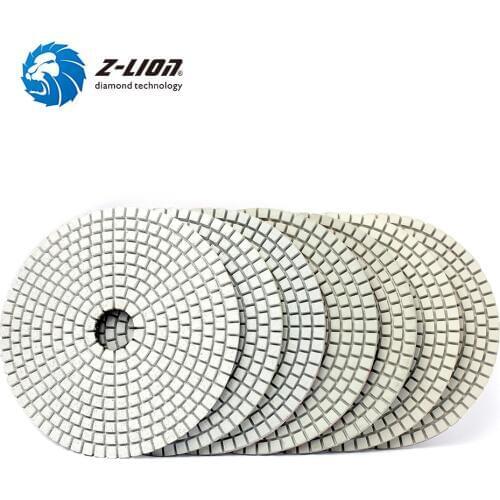 Z-LION 7pcs 5" Diamond Polishing Pad White Flexible Diamond Wet Polishing Pad Stone Concrete Polish Pack Mix Grit Grinding Disc