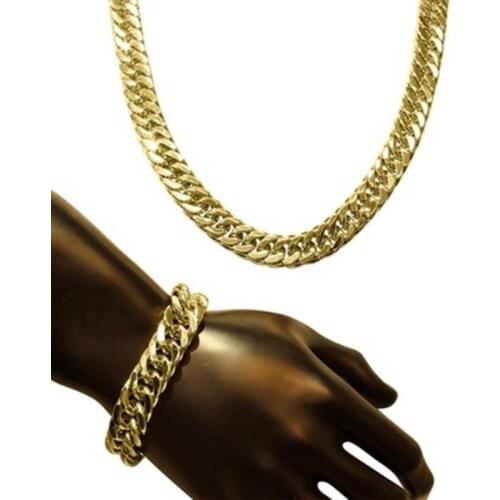Thick Yellow Gold Filled Double Curb Chain Solid Heavy Mens Necklace Bracelet Set