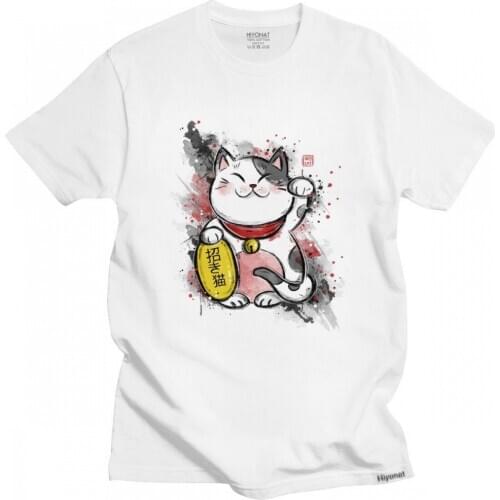 Kawaii Maneki Neko T Shirt Man Soft Cotton Lucky Cat Tee Tops Fashion T-shirt Short Sleeved Printed Tshirt Clothing