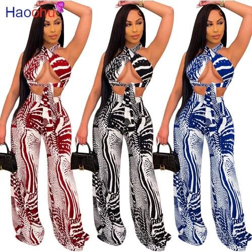 HAOOHU Print Womens Set Outfits Acitve Crop Top and Straight Pants Two Piece Set Sexy Club Party Tracksuit Sweatsuit