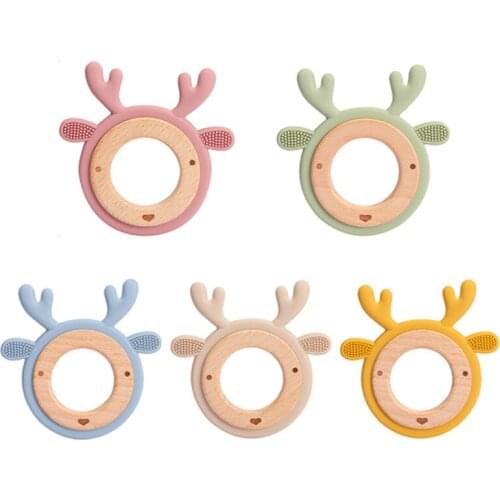 Animal Elk Koala Cartoon Teether BPA Free Food Grade Silicone Beech Wood Baby Teething Toy Rattle Safe Newborn Chew Nursing Gift