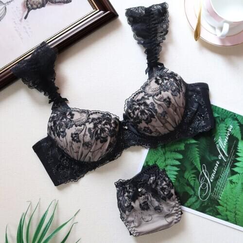 Sweet Sexy Embroidery Bra & Panties Set Lace Trim Underwire Soft Black Underwear Sleep Intimates Set Kawaii Lolita
